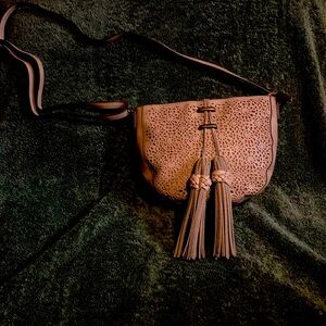 Tan T-shirt and jean co. Strap bag